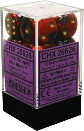 VR-26943 Chessex D6 Gemini 16mm d6 Purple-Red/gold Dice Block (12 dice) - Chessex - Titan Pop Culture