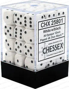 VR-26983 D6 Dice Opaque 12mm White/Black (36 Dice in Display) - Chessex - Titan Pop Culture