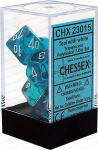 VR-27024 D7-Die Set Dice Translucent Polyhedral Teal/White (7 Dice in Display) - Chessex - Titan Pop Culture