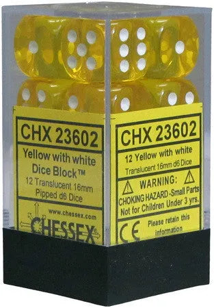 VR-27027 Chessex D6 Translucent 16mm d6 Yellow/white Dice Block (12 dice) - Chessex - Titan Pop Culture