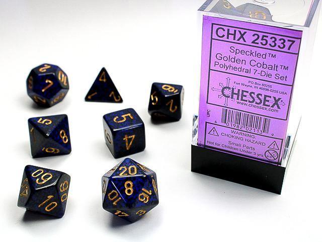 VR-27061 D7-Die Set Dice Speckled Polyhedral Golden Cobalt (7 Dice in Display) - Chessex - Titan Pop Culture