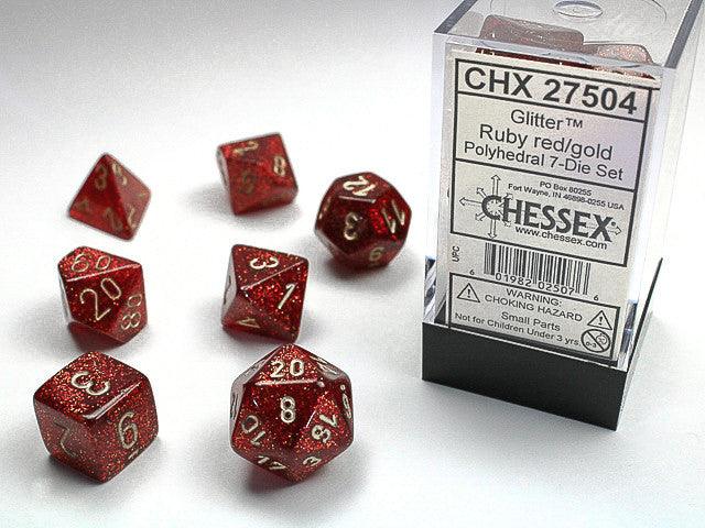 VR-31556 D7-Die Set Dice Glitter Polyhedral Ruby/Gold (7 Dice in Display) - Chessex - Titan Pop Culture