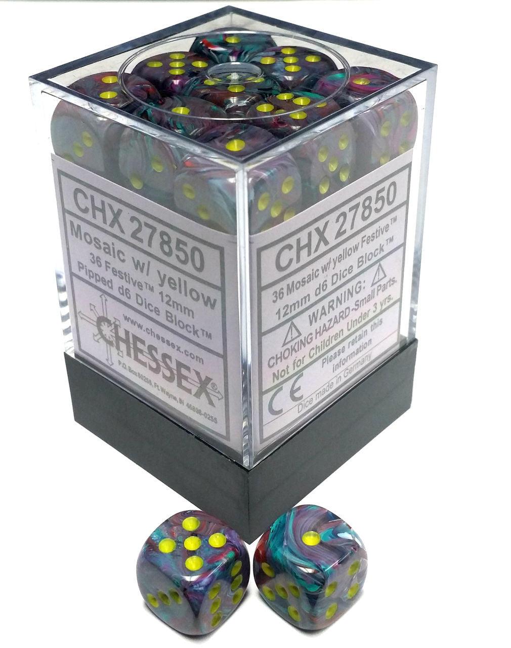 VR-31566 Chessex D6 Festive 12mm d6 Mosaic/yellow Dice Block (36 dice) - Chessex - Titan Pop Culture