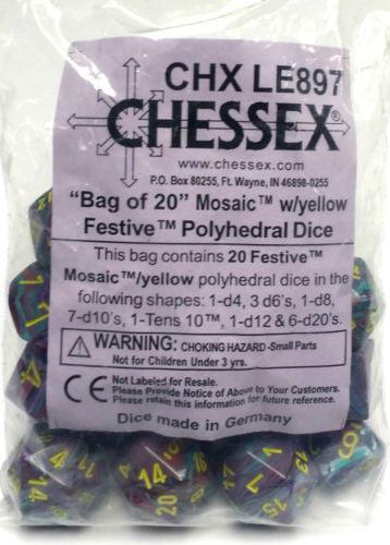 VR-31573 Chessex BULK Festive Bag of 20 Polyhedral Mosaic/Yellow Dice - Chessex - Titan Pop Culture