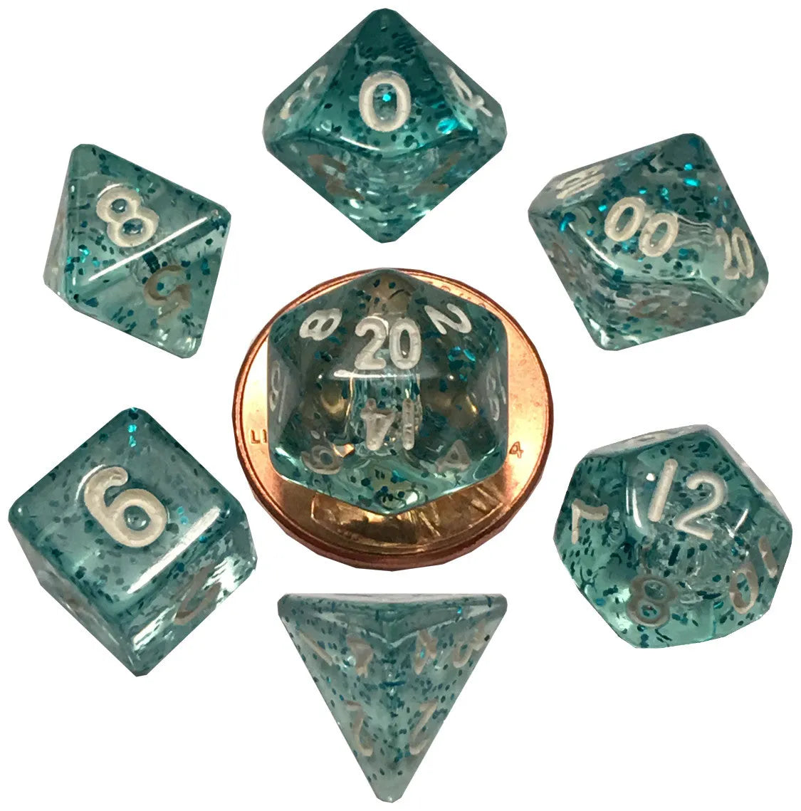 VR-68048 MDG Mini Polyhedral Dice Set White Numbers- Ethereal Light Blue - FanRoll by Metallic Dice Games - Titan Pop Culture