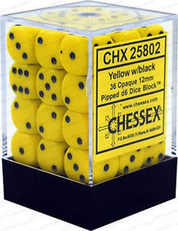VR-26982 D6 Dice Opaque 12mm Yellow/Black (36 Dice in Display) - Chessex - Titan Pop Culture