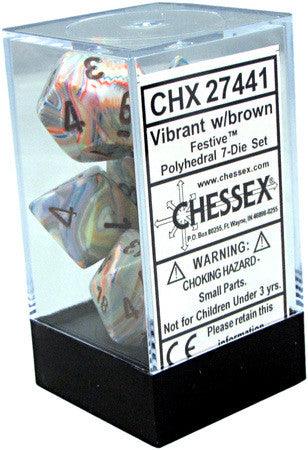 VR-26812 D7-Die Set Dice Festive Polyhedral Vibrant/Brown (7 Dice in Display) - Chessex - Titan Pop Culture
