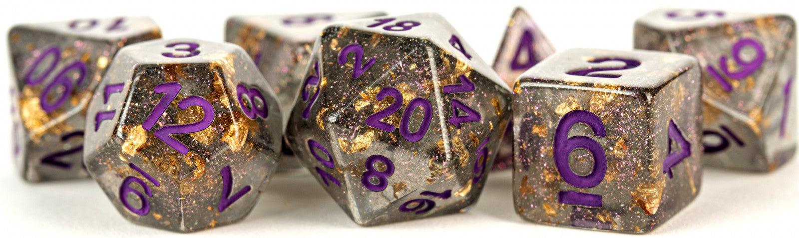 VR-72687 MDG Digital Resin Dice Set 16mm - Gray with Gold Foil, Purple Numbers - FanRoll by Metallic Dice Games - Titan Pop Culture