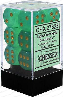 D6 Dice Borealis 16mm Light Green/Gold (12 Dice in Display) Chessex Titan Pop Culture