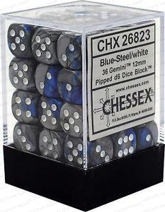 D6 Dice Gemini 12mm Blue-Steel/White (36 Dice in Display) Chessex Titan Pop Culture
