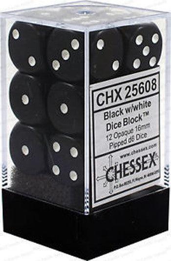 VR-27094 D6 Dice Opaque 16mm Black/White (12 Dice in Display) - Chessex - Titan Pop Culture