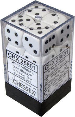 D6 Dice Opaque 16mm White/Black (12 Dice in Display)  Chessex Titan Pop Culture