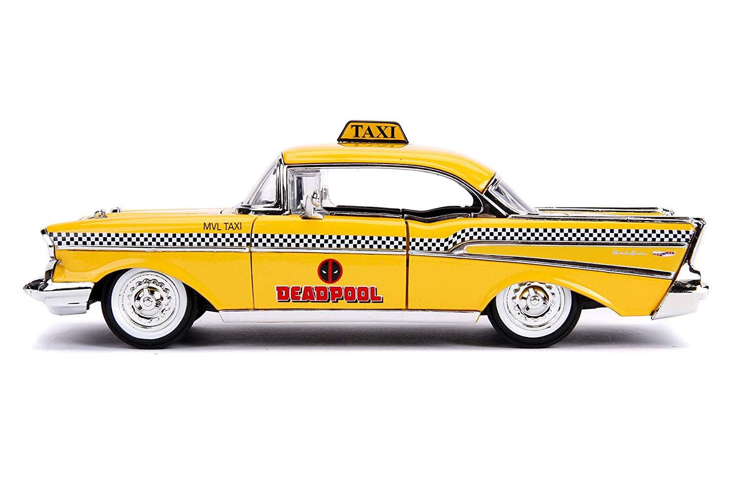Deadpool (comics) - 1957 Chevy Bel Air Taxi 1:24 Hoolywood Ride Diecast Vehicle with Deadpool Jada Toys Titan Pop Culture