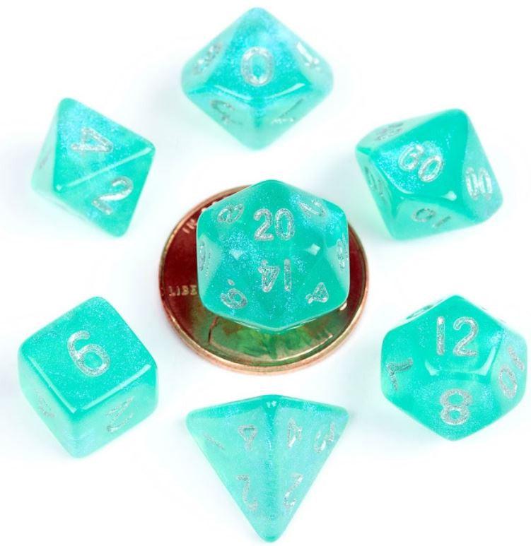 MDG Acrylic 10mm Polyhedral Dice Set - Stardust Turquoise FanRoll by Metallic Dice Games Titan Pop Culture