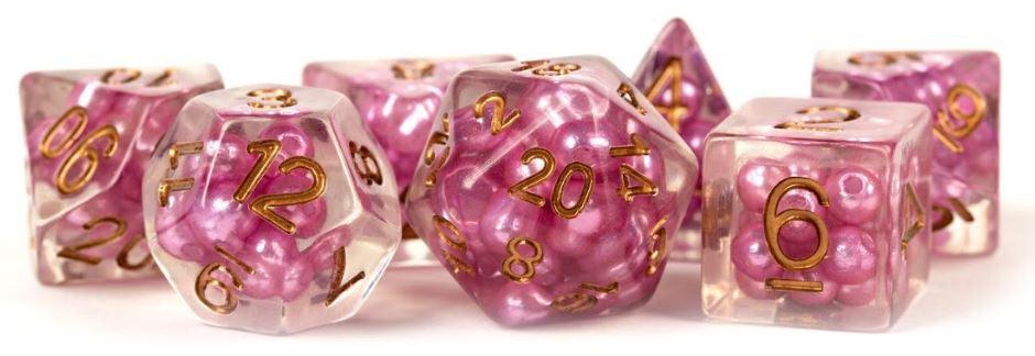 MDG Resin Pearl Polyhedral Dice Set 16mm - Pink with Copper Numbers FanRoll by Metallic Dice Games Titan Pop Culture