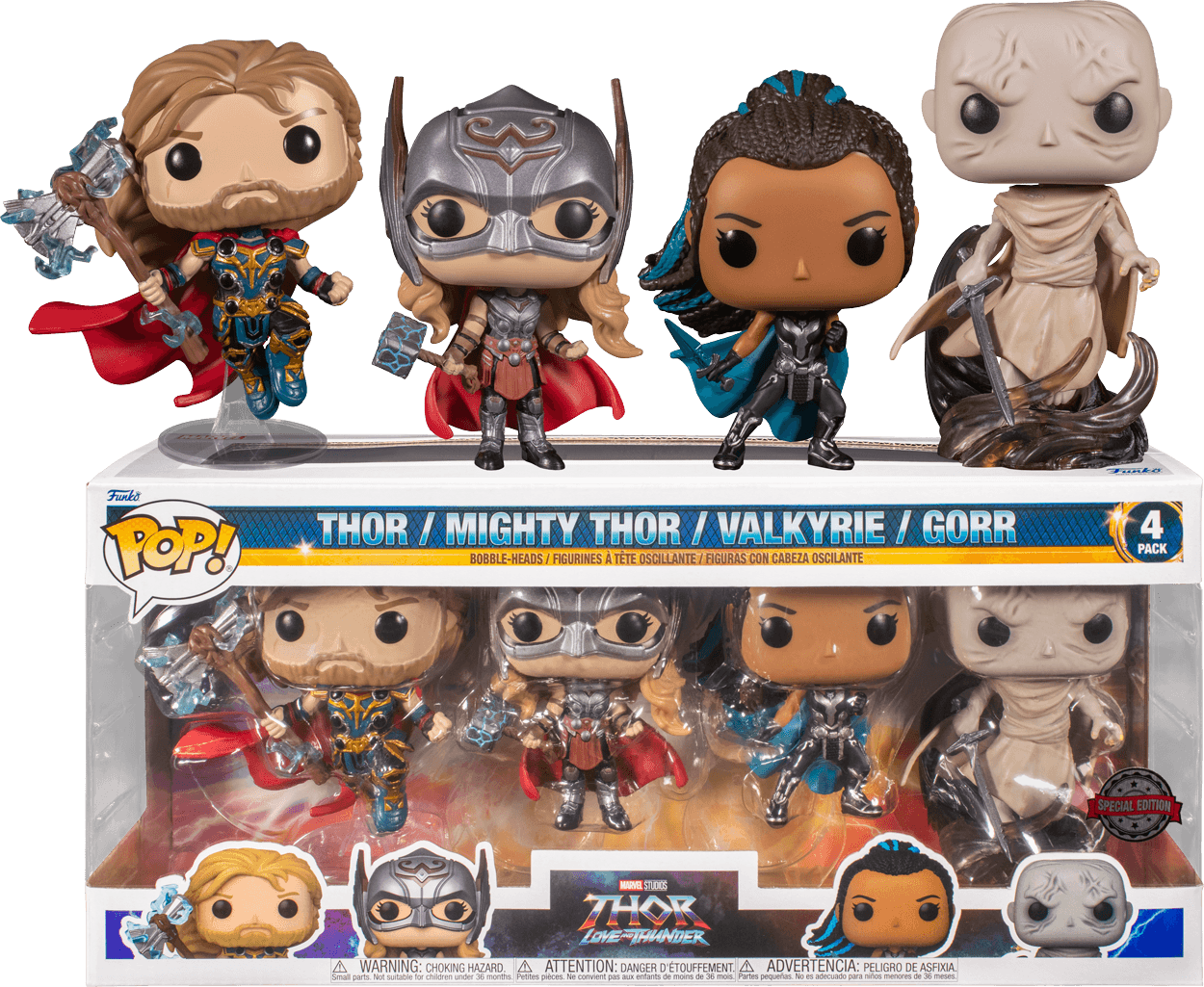 FUN65086 Thor 4: Love and Thunder - Thor, Mighty Thor, Valkyrie & Gorr US Exclusive Pop! 4-Pack [RS] - Funko - Titan Pop Culture