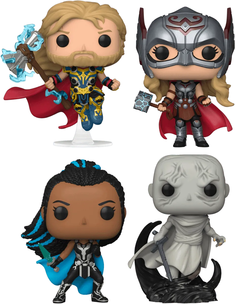 FUN65086 Thor 4: Love and Thunder - Thor, Mighty Thor, Valkyrie & Gorr US Exclusive Pop! 4-Pack [RS] - Funko - Titan Pop Culture