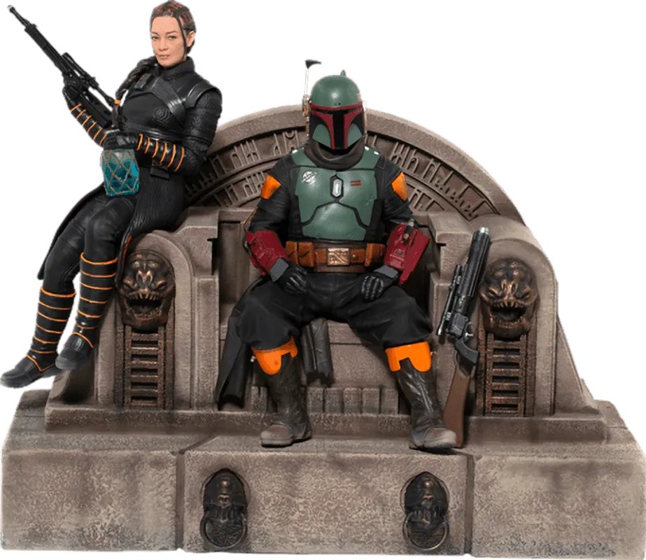 IRO28105 Star Wars: The Mandalorian - Boba Fett & Fennec Shand on Throne Deluxe 1:10 Scale Statue - Iron Studios - Titan Pop Culture