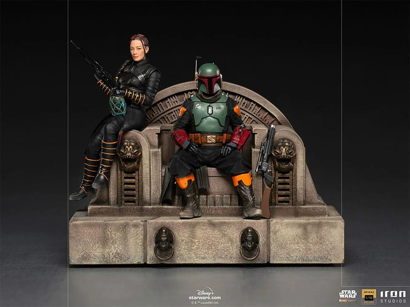 IRO28105 Star Wars: The Mandalorian - Boba Fett & Fennec Shand on Throne Deluxe 1:10 Scale Statue - Iron Studios - Titan Pop Culture