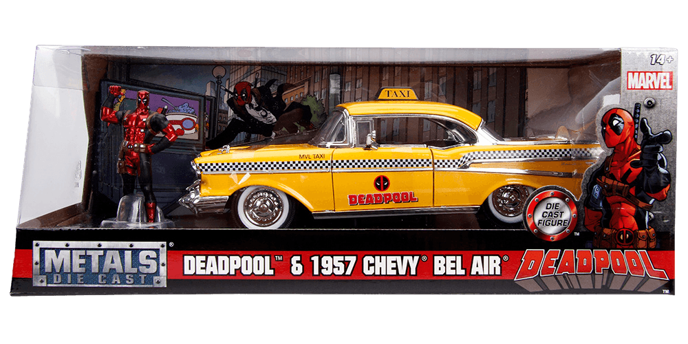 JAD30290 Deadpool (comics) - 1957 Chevy Bel Air Taxi 1:24 Hoolywood Ride Diecast Vehicle with Deadpool - Jada Toys - Titan Pop Culture