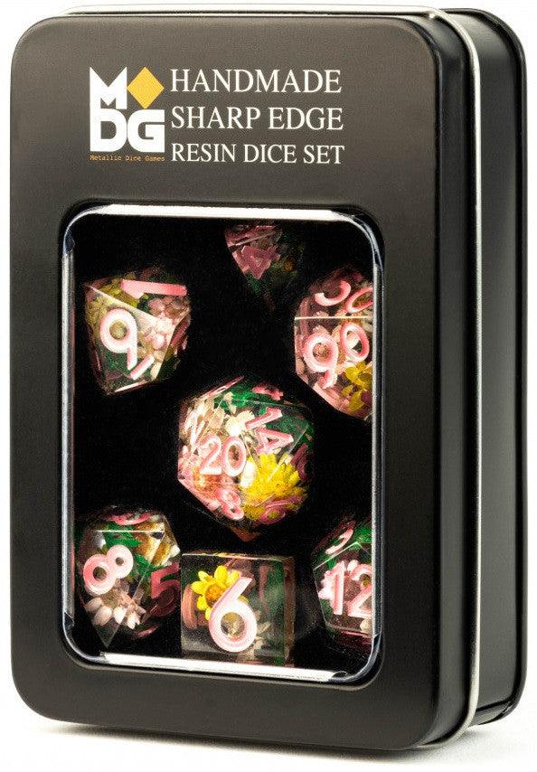 VR-102329 MDG Handcrafted Sharp Edge Resin Dice Set Chrysanthemum w/ Pink Numbers - FanRoll by Metallic Dice Games - Titan Pop Culture