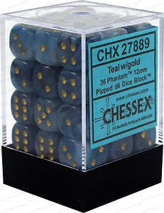 VR-26681 D6 Dice Phantom 12mm Teal/Gold (36 Dice in Display) - Chessex - Titan Pop Culture