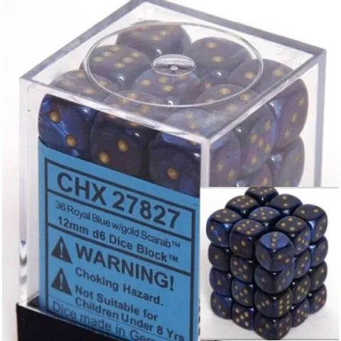 VR-26712 D6 Dice Scarab 12mm Royal Blue/Gold (36 Dice in Display) - Chessex - Titan Pop Culture