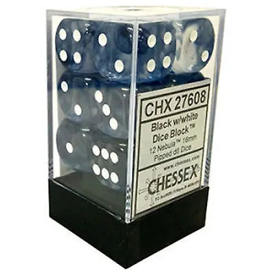 VR-26779 D6 Dice Nebula 16mm Black/White (12 Dice in Display) - Chessex - Titan Pop Culture