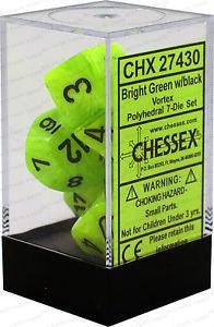 VR-26821 D7-Die Set Dice Vortex Polyhedral Bright Green/Black (7 Dice in Display) - Chessex - Titan Pop Culture