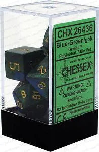 VR-26918 D7-Die Set Dice Gemini Polyhedral Blue-Green/Gold (7 Dice in Display) - Chessex - Titan Pop Culture