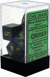 D7-Die Set Dice Gemini Polyhedral Blue-Green/Gold (7 Dice in Display)
