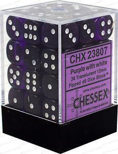 VR-27042 D6 Dice Translucent 12mm Purple/White (36 Dice in Display) - Chessex - Titan Pop Culture