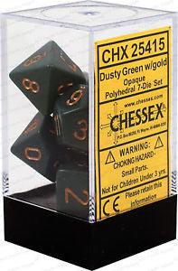 VR-27079 D7-Die Set Dice Opaque Polyhedral Dusty Green/Copper (7 Dice in Display) - Chessex - Titan Pop Culture