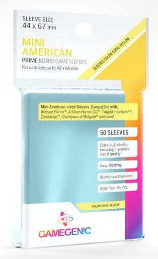 VR-85073 Gamegenic Prime Board Game Sleeves - Size Code YELLOW - Mini American-Sized (44mm x 67mm) (50 Sleeves Per Pack) - Gamegenic - Titan Pop Culture