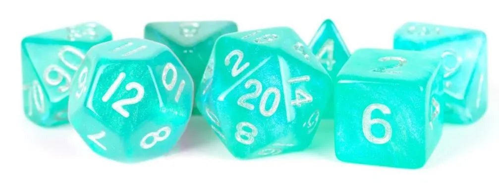 VR-85825 MDG Acrylic 16mm Polyhedral Dice Set - Stardust Turquoise - FanRoll by Metallic Dice Games - Titan Pop Culture