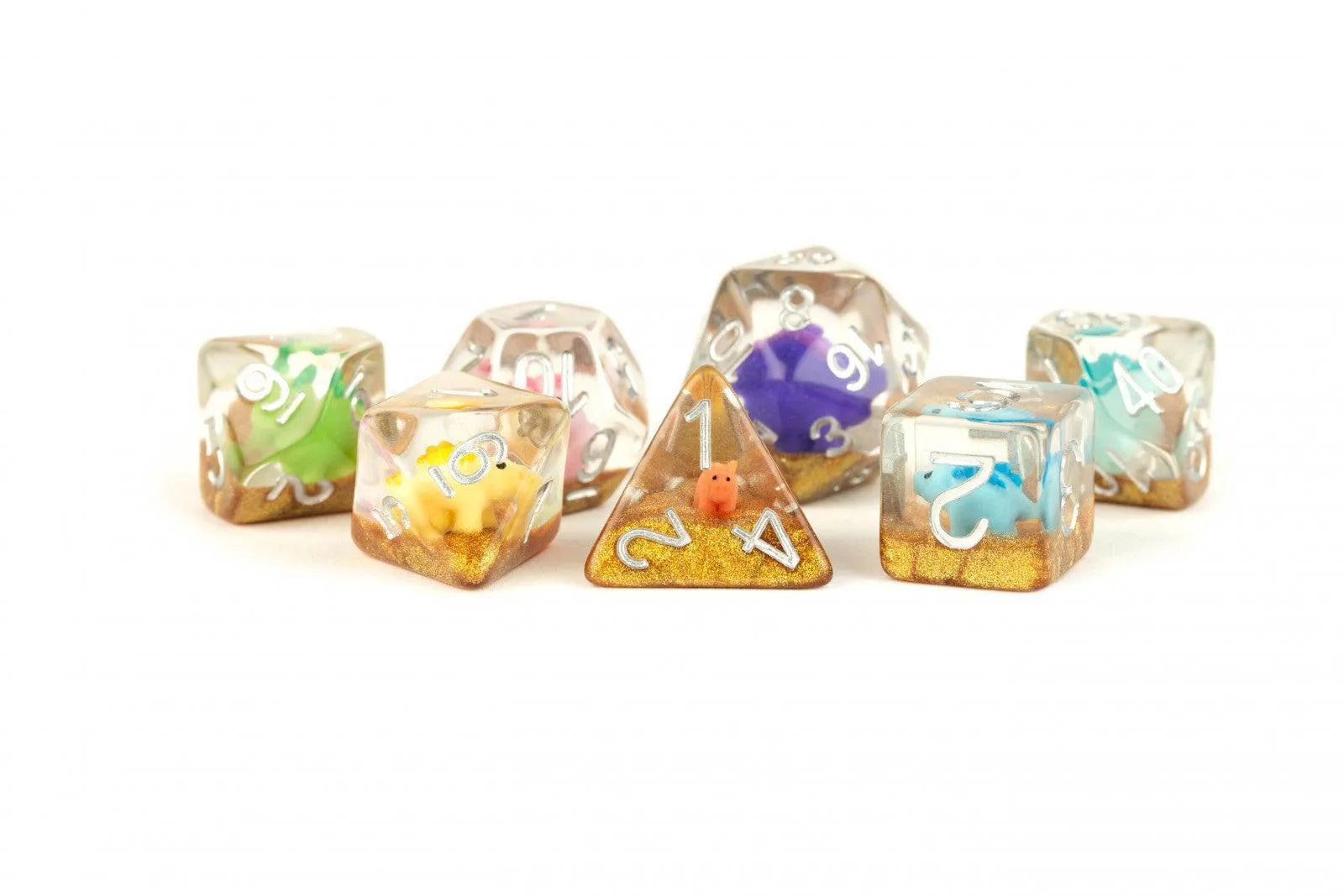 VR-99691 MDG Resin 16mm Poly Dice Set - Rainbow Dinosaur Dice - FanRoll by Metallic Dice Games - Titan Pop Culture